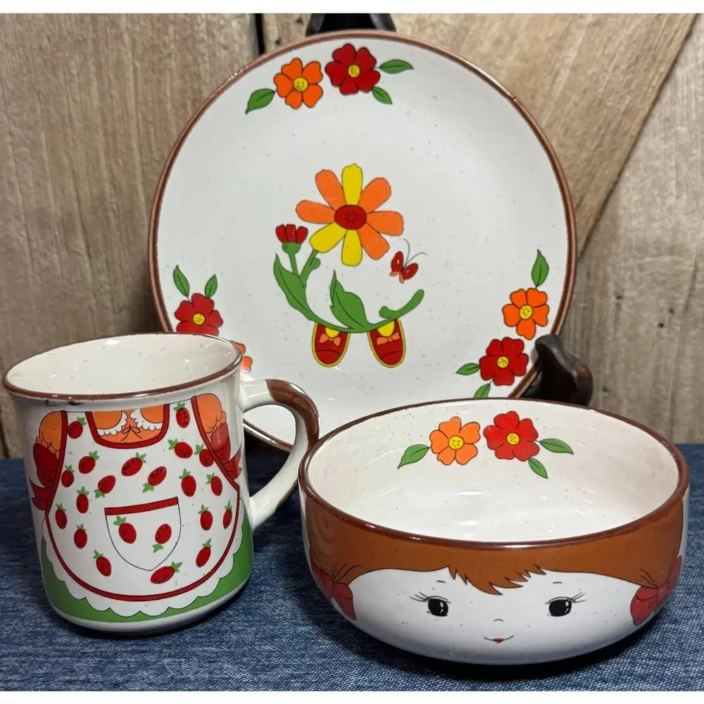 Vintage Ceramic Girl Stacking Childrens Snack Set Mug Bowl Plate Interpur Japan